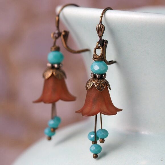 Brown & Turquoise Day Lily Flower Earrings - Picture 1 of 1